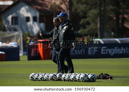 TERESOPOLIS, BRAZIL - May 5 , 2014: The Brazil national football team practicing at Granja Comary training center in preparation for the 2014 World Cup soccer tournament that starts in June.