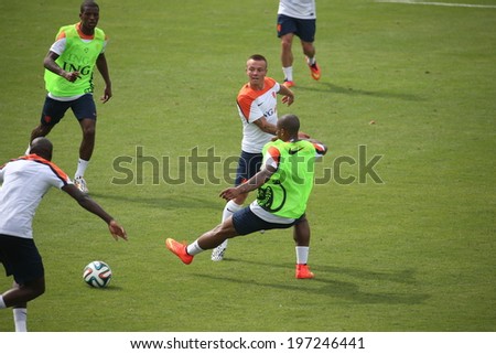 RIO DE JANEIRO, BRAZIL -  May 08, 2014: The Netherlands national soccer team training in preparation for the 2014 World Cup soccer tournament, which begins in June 12. No Use In Brazil.