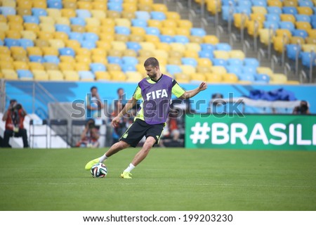 Rio de Janeiro, BRAZIL - June 17, 2014: A member of Spain\'s national football team practicing at Maracana  training center in preparation for the 2014 World Cup soccer tournament. No Use in Brazil.