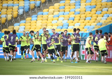 Rio de Janeiro, BRAZIL - June 17, 2014: Spain\'s national football team practicing at Maracana  training center in preparation for the 2014 World Cup soccer tournament. No Use in Brazil.