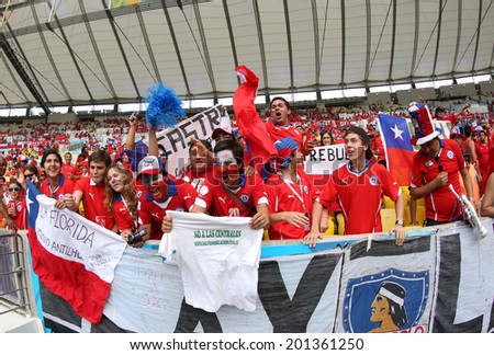 RIO DE JANEIRO, BRAZIL - June 15, 2014:Chile  Soccer fans celebrating at the 2014 World Cu. No Use in Brazil.