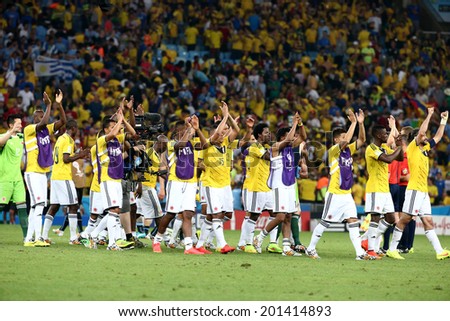 RIO DE JANEIRO, BRAZIL - June 28, 2014  World Cup Round of 16 game between Colombia and Uruguay at Maracana Stadium. No Use in Brazil.