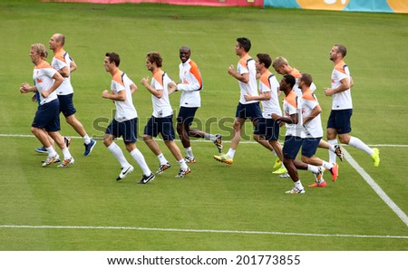 RIO DE JANEIRO, BRAZIL -June 30, 2014: The Netherlands national soccer team training in preparation for the 2014 World Cup soccer tournament,  No Use In Brazil.