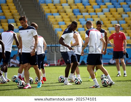 Rio de Janeiro, BRAZIL -July 3, 2014: France national football team practicing at Maracana  training center in preparation for the 2014 World Cup soccer tournament. No Use in Brazil.