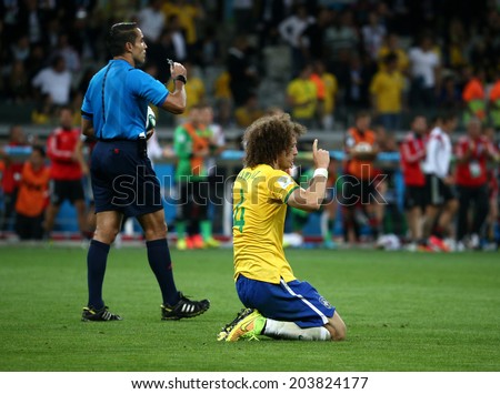 BELO HORIZONTE, BRAZIL - July 8, 2014: David Luiz of Brazil reacts at the end of the World Cup Semi-finals game between Brazil and Germany at Mineirao Stadium. NO USE IN BRAZIL.