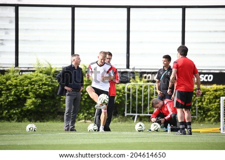 Rio de Janeiro, BRAZIL -July 12, 2014: Germany national football team practicing at SÃ?Â£o January  training center in preparation for the 2014 World Cup soccer tournament. No Use in Brazil