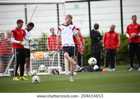 Rio de Janeiro, BRAZIL -July 12, 2014: Germany national football team practicing at SÃ?Â£o January  training center in preparation for the 2014 World Cup soccer tournament. No Use in Brazil