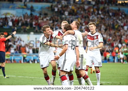 RIO DE JANEIRO, BRAZIL - July 13, 2014:  Mario GÃ¶tze after scoring a goal at the World Cup Final game between Argentina and Germany at Maracana Stadium. NO USE IN BRAZIL