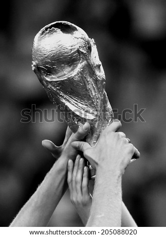 RIO DE JANEIRO, BRAZIL - July 13, 2014: The World Cup Trophy during the celebrations after the 2014 World Cup final game between Germany and Argentina at Maracana Stadium. NO USE IN BRAZIL