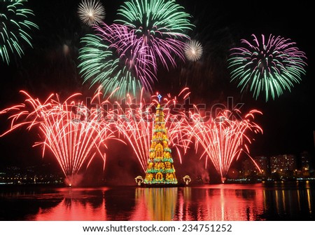 Rio de Janeiro-Brazil november 30 2014 Christmas tree in Rodrigue de Freitas lagoon in the south of the city of Rio de Janeiro Rio de Janeiro-Brazil november 30 2014 Christmas tree in Rodrigue de Freitas lagoon in the south of the city of Rio de Janeiro