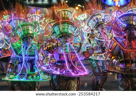 RIO DE JANEIRO, BRAZIL - FEBRUARY 16, 2015: Rio Samba School Unidos da Tijucaperform at at Marques de Sapucai known as Sambodromo, for the Carnival Samba Parade competition