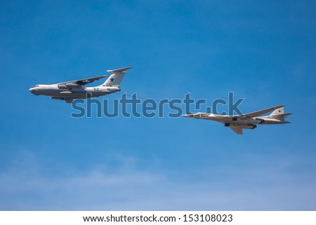 MOSCOW - MAY 09: Il-78 air tanker and Tu-160 strategic bomber imitate mid-air refueling during the parade in honor of WWII Victory on May 09, 2013 in Moscow, Russia