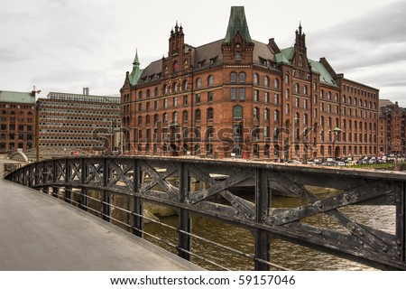 View at Hamburger Speicherstadt, a historic part of the city for storing goods near the harbor. Hamburg, Germany