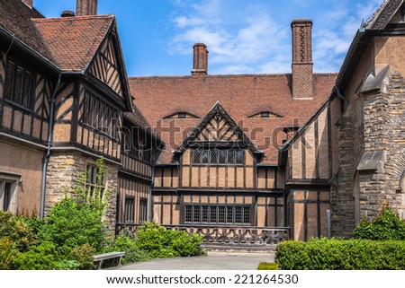 Cecilienhof Palace with eyes painted on the roof, was the unesco world heritage in Potsdam, Germany