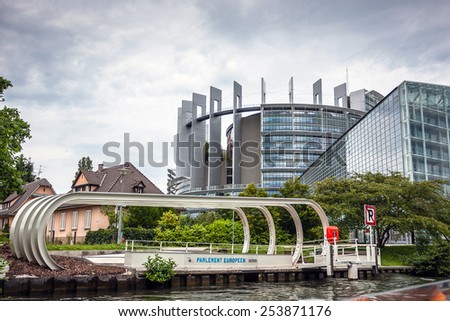 Strasbourg, France - August 10, 2014: Exterior of European Parliament (Louise Weiss building, 1999) in Wacken district of Strasbourg. It is one of biggest and most visible buildings of Strasbourg.