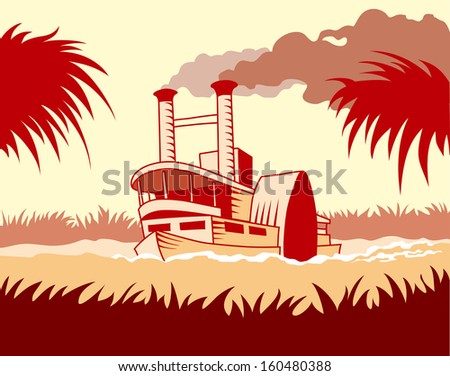 Illustration of a old boat floating on the river. Old boat floating on the river