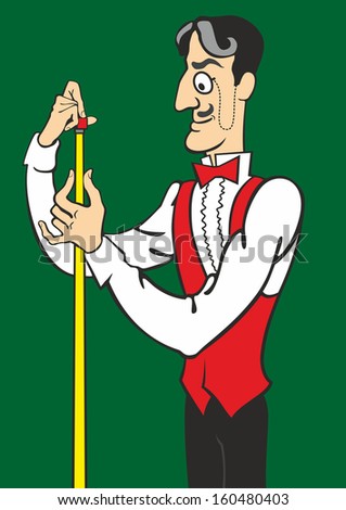 Illustration of a man playing pool. A man getting ready to play a game of pool, prepares cue.
