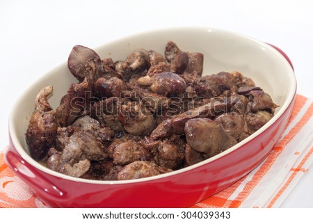 Fried chicken liver served in a red bowl.