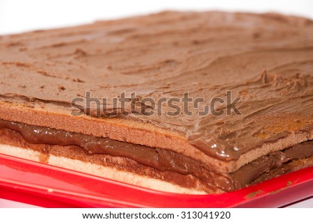 Prepared and coated cake with chocolate cream.