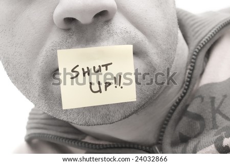 a post it in a man mouth saying \