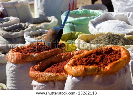 Cooking spices on sale in a city market at Marrakesh, Morocco