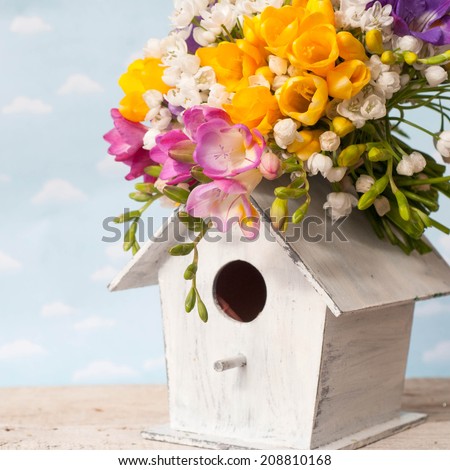 Bouquet of colorful freesia flowers and bird cage