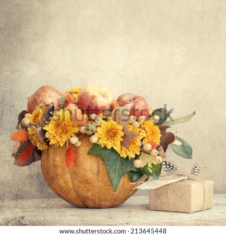 Autumn or Thanksgiving Bouquet with pumpkins and apple