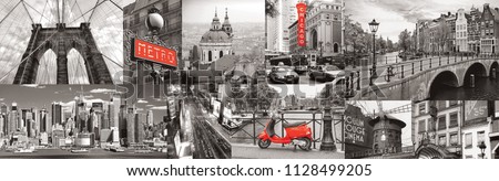 Black and white city with red elements. Collage. Paris, London, New York. Panorama for glass panels. High quality image for skinali. Panoramic view. Retro style photo. Panorama city.
