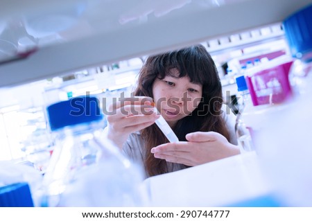 scientists with pipette and flask making test or research in clinical laboratory. or woman doctor looking at a test tube of clear solution in a laboratory,soft focus,blurred image