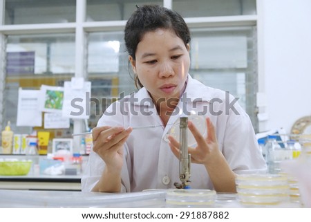 blurred image of Young female researcher in white coat Transplant infections samples in laboratory