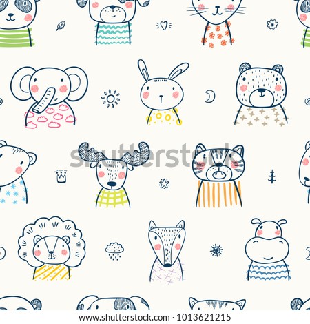 Cute Scandinavian Style Animal Faces Seamless pattern. Hand drawn Doodle Cartoon Animals. Vector Background for Kids