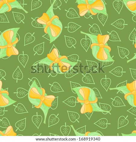 Leaves. Gifts. Leaves seamless pattern. Leaves with orange bow on a dark green background. Seamless floral background.