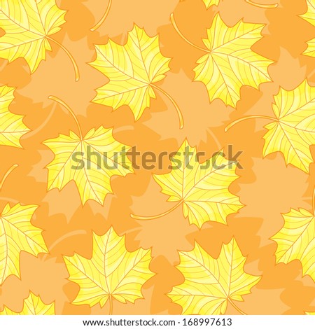 Autumn. Leaves. Yellow maple leaves seamless pattern.  Autumn seamless background. Floral seamless pattern. Autumn maple leaves on a orange  background.