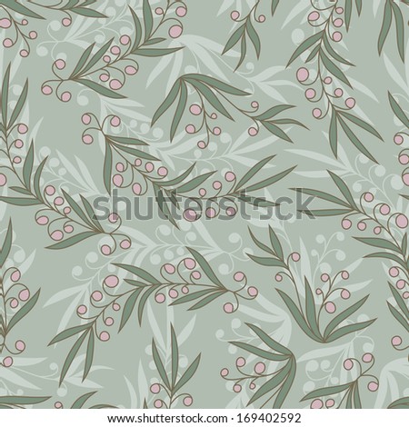 Floral seamless pattern. Twigs with berries. Branches with berries seamless pattern. Leaves seamless background. Endless floral texture.