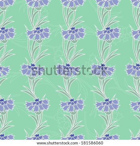 Flowers seamless pattern. Beautiful blue flowers. Floral seamless background. Cornflowers on light green background.