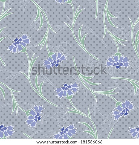 Cornflowers on light gray background with polka dots. Floral seamless pattern.