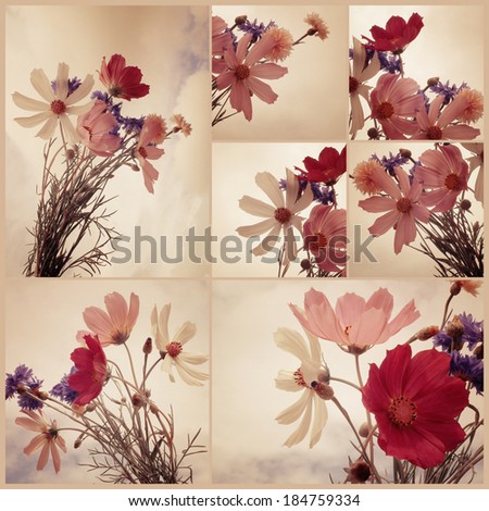 Collage. Vintage floral summer bouquet. Art floral background with paper texture overlay. Retro style.