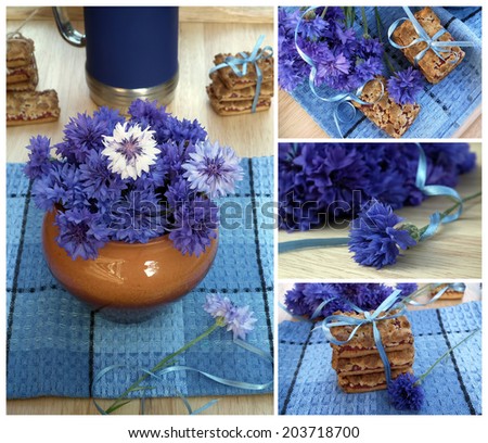 Flowers and cookies collage. Bouquet of cornflowers and fruit cookies.