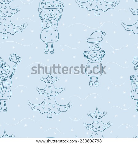 Funny snowmen and Christmas trees. Happy new year. Winter background. Holiday.  Christmas seamless pattern.