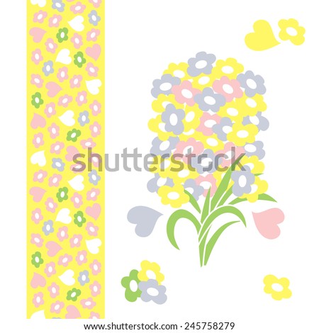 Floral set: Bunch of flowers,  Yellow Seamless vertical border with flowers and hearts. Valentine background.
