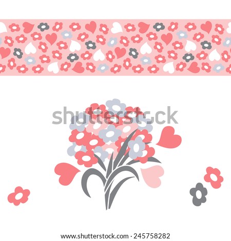 Floral set: Bouquet of flowers,  Pink Seamless horizontal border with flowers and hearts. Valentine background.