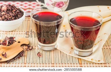 Hibiscus Tea. Flower Tea. Medicinal drink. Dry petals and Cold beverage