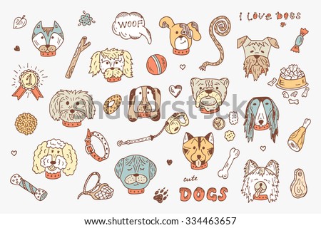 Dogs Vector Set. Dogs faces icons. Hand Drawn Doodles Dogs and accessories for pets