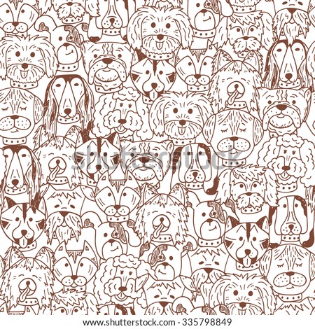 Animals. Dogs Vector Seamless pattern. Hand Drawn Doodles Dogs. Cute Dogs Black and White background.