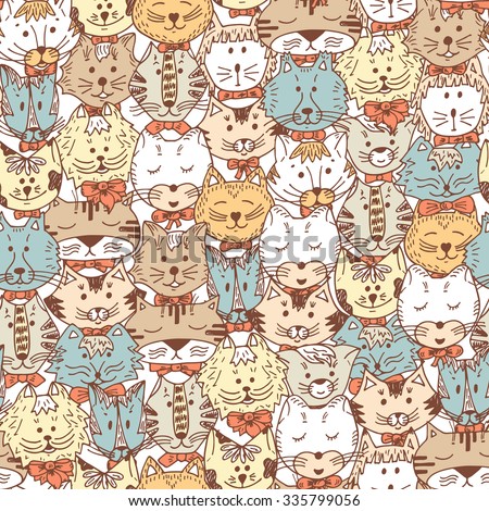 Animals. Cats Vector Seamless pattern. Hand Drawn Doodles Cats. Cute Cats colored background.