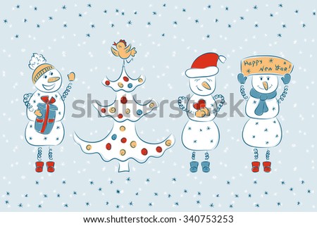 Snowmans and Christmas tree. Christmas and New Year. Winter background. Happy new year. Holiday card template.
