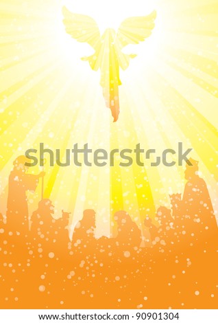 nativity scene with angel in heavenly light above baby jesus
