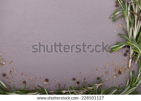 rosemary; herb; spice; seasoning; frame; wood; brown; green; raw; food; decoration; design; nature; table; menu; peppercorn; rustic; country;