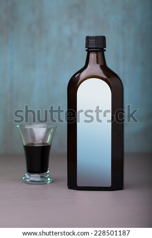bottle; glass; syrup; natural; health; cure; disease; cough; allergy; oil; wood; herb; infusion; cold; chill;