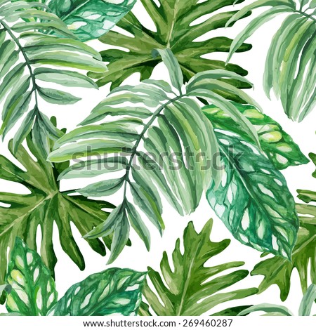 Exotic leaves, rainforest. Seamless, hand painted, watercolor pattern. Vector background.